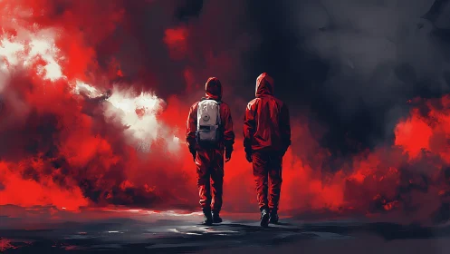 Two friends in red walk through a storm of glowing smoke.