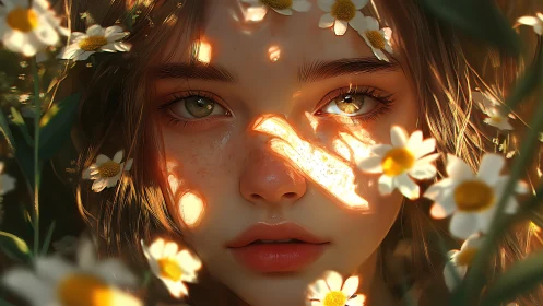 Digital portrait of young woman framed by white daisies.