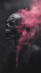 Pink spectral smoke spills from a leather clad midnight skull