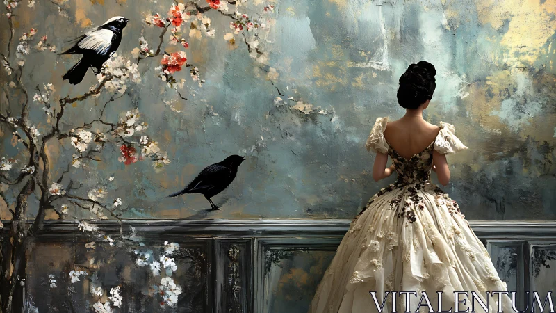 Dreamy ballroom muse beside birds on a painted wall.