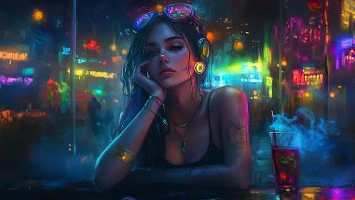 Cyberpunk woman rests at neon bar counter in night city