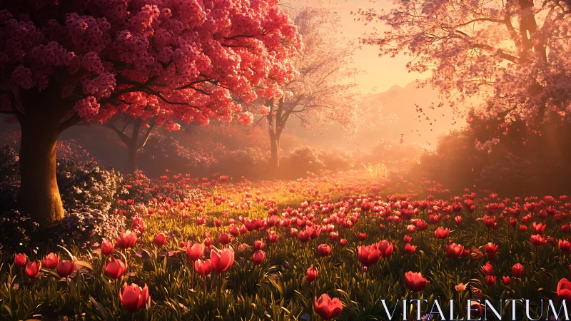 Sunlit tulip meadow glows beneath blooming pink trees.