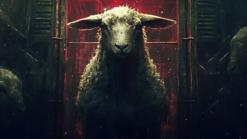 Sheep stands centered in dark corridor lit by red backlight