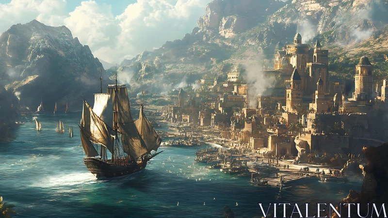 Golden-harbor galleon sailing past sunlit cliff city.