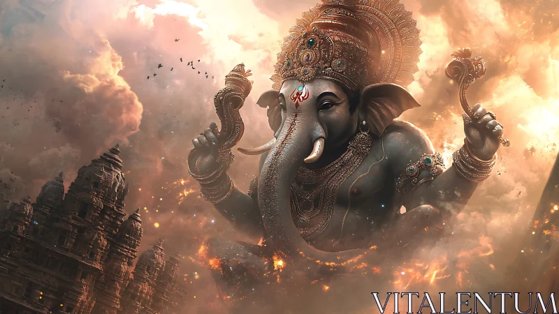 Colossal elephant-headed deity above temples in clouds.