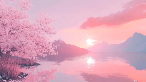 Pink cherry shoreline under pastel sunset over mountains.