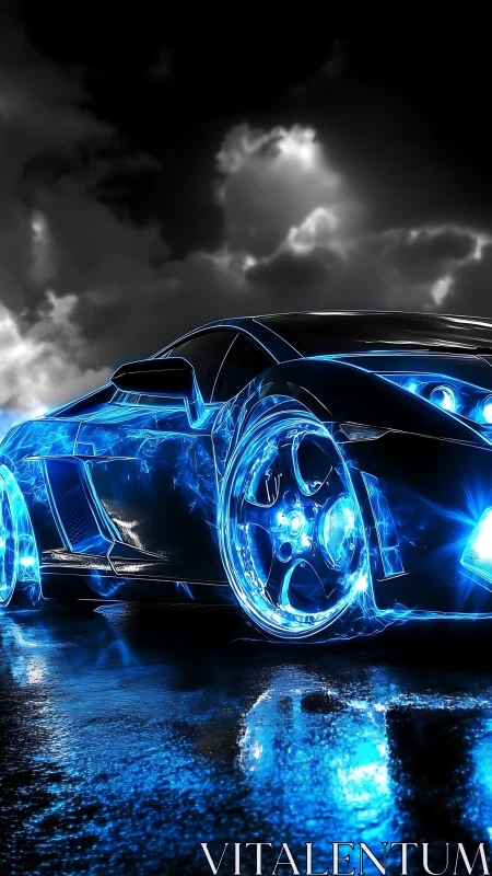 Neon-traced supercar ignites wet night street in electric blue.