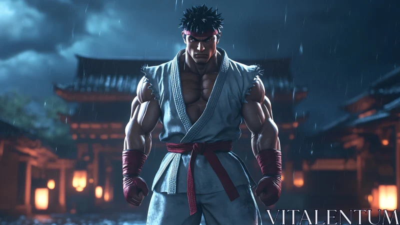 Martial artist in gi standing in rainy temple courtyard at night.