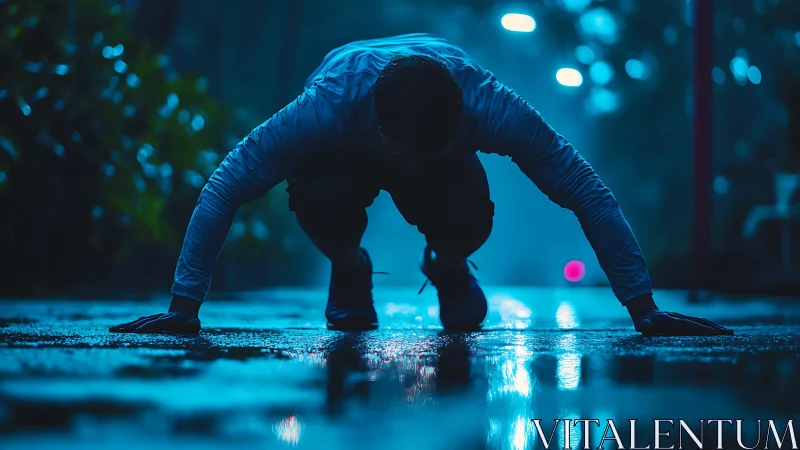 Runner crouches at night on wet city street before sprint
