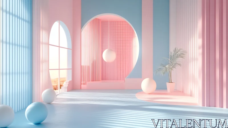 Geometric pastel interior renders soft light and spatial rhythm