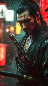 Scarred samurai pauses in neon rain, guarding twin blades