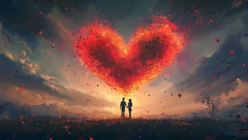 Two Figures Silhouetted Against Fiery Heart Explosion.
