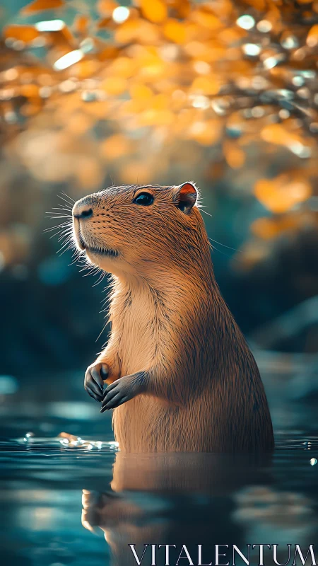 Golden hour capybara dreaming in a rippled forest pool.