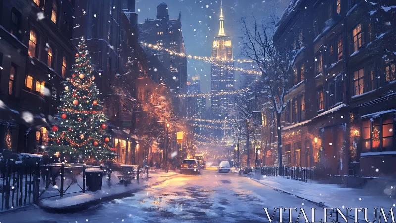 Snowy city street wrapped in cozy holiday lights at dusk.