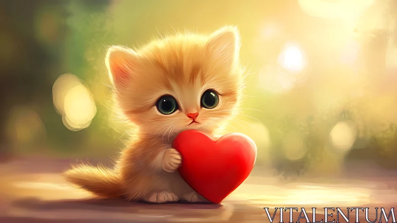Adorable Kitten Holding Red Heart Symbol.