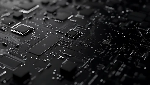 Black circuit board with microchips and reflective traces.