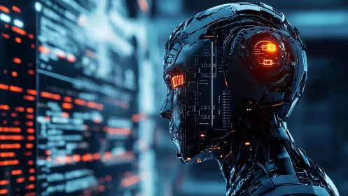 Neon-lit cybernetic mind studies cascading data highways.