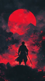 Lone samurai silhouette under burning crimson moon