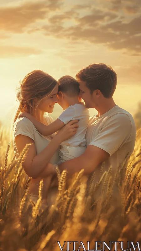 Family moment in golden wheat field at sunset.