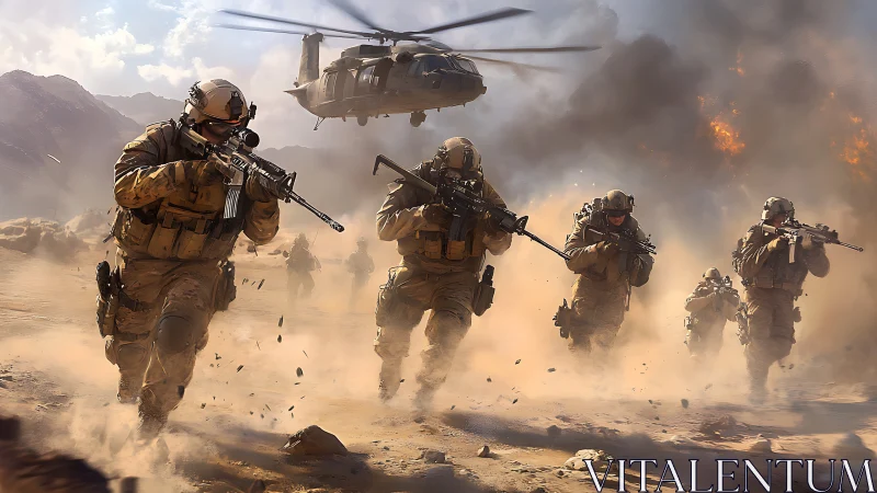 Combat squad advancing through desert firestorm under rotorwash.