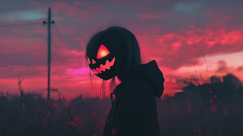 Glowing pumpkin mask smiles softly against a dreamy dusk sky