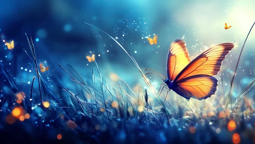 Vibrant orange butterfly in dreamy blue meadow, digital fantasy art.