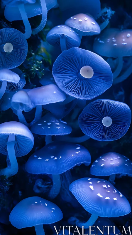 Glowing blue mushrooms create a dreamy forest-night wonderland