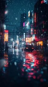 Cyberpunk rain-soaked neon avenue with cinematic depth of field.