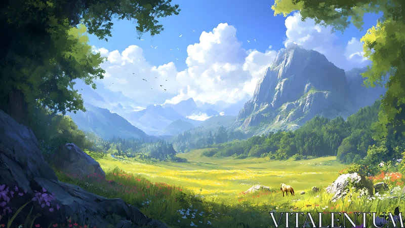 Sunlit alpine meadow opening toward towering blue peaks.