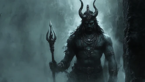 Armored horned warlord emerges from fog with ornate trident