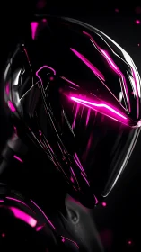 Futuristic black helmet with neon magenta visor glow.