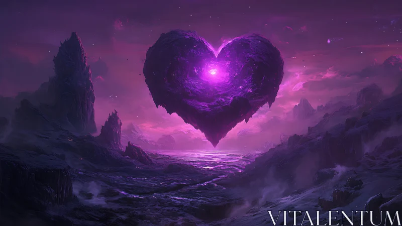 Cosmic Heart Hovering in Surreal Purple Realm