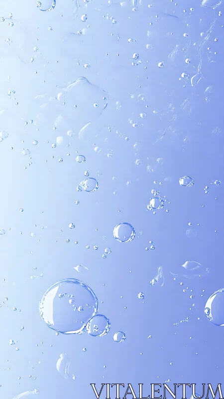 Crystal water bubbles drift through soft blue gradient field.