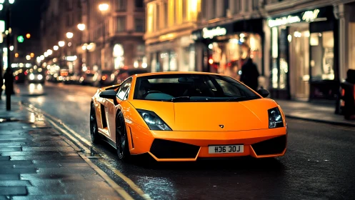 Orange supercar on wet city street under night bokeh lights.