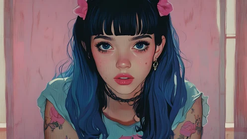 Stylized portrait of blue haired girl against pink backdrop.