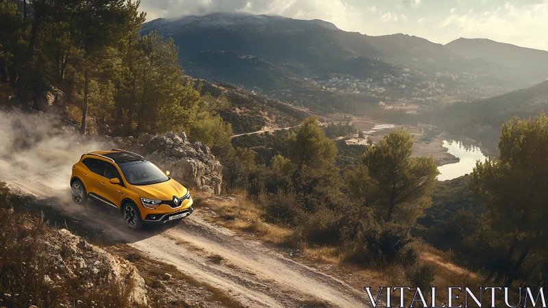 Photorealistic SUV ascent on dusty mountain switchback trail.