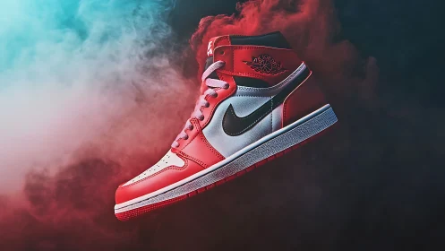 High-contrast red sneaker in dynamic smoke-lit studio scene.