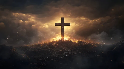 Solitary cross on rocky ground amid storm clouds and fire.
