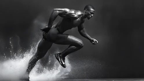 High-speed sprinter in mid-stride kicking water, monochrome study