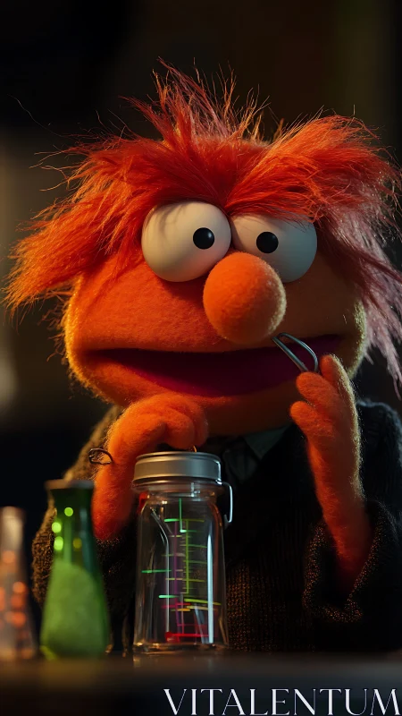 Curious orange puppet delightfully explores glowing lab jars