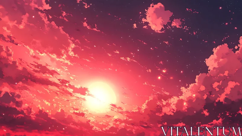 Radiant crimson sunset sky rendered in high chroma anime style