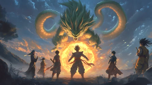 Warriors confront celestial dragon above blazing energy core.