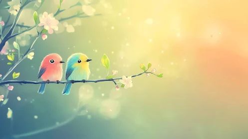 Two Cute Colorful Birds on a Blossoming Branch, Soft Pastel Art.