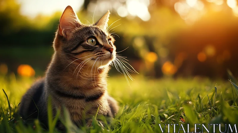 Tabby Cat Gazing Upward in Golden Sunlit Meadow