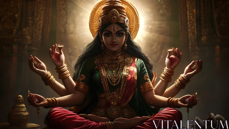 Radiant multi-armed goddess sits in serene golden splendor
