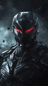 Midnight cybernetic sentinel with glowing crimson gaze.