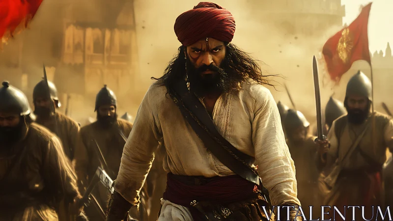 Storm-eyed warrior strides through dust and steel toward destiny