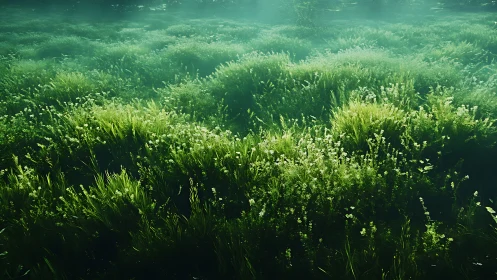 Submerged seagrass meadow under filtered turquoise light.