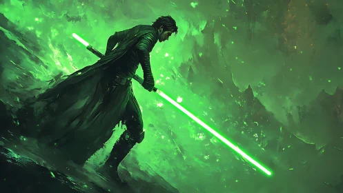 Dynamic green energy blade warrior strides through storming mist