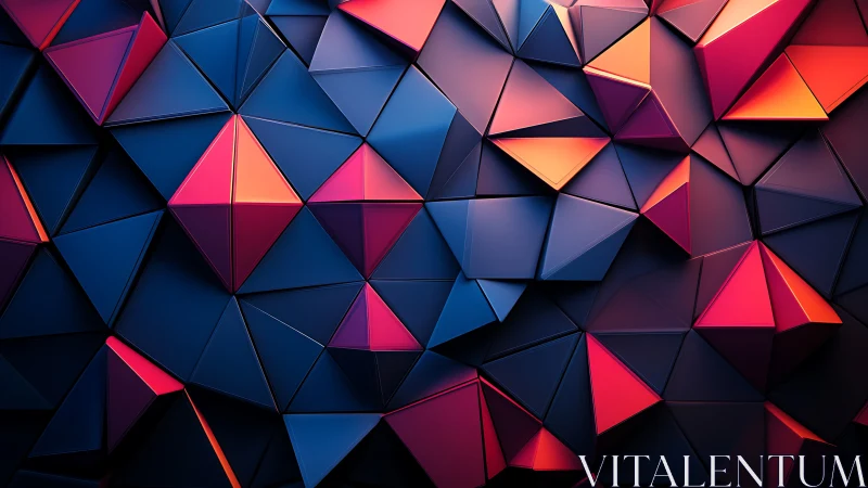 Geometric low poly prism wall in neon magenta and blue tones.